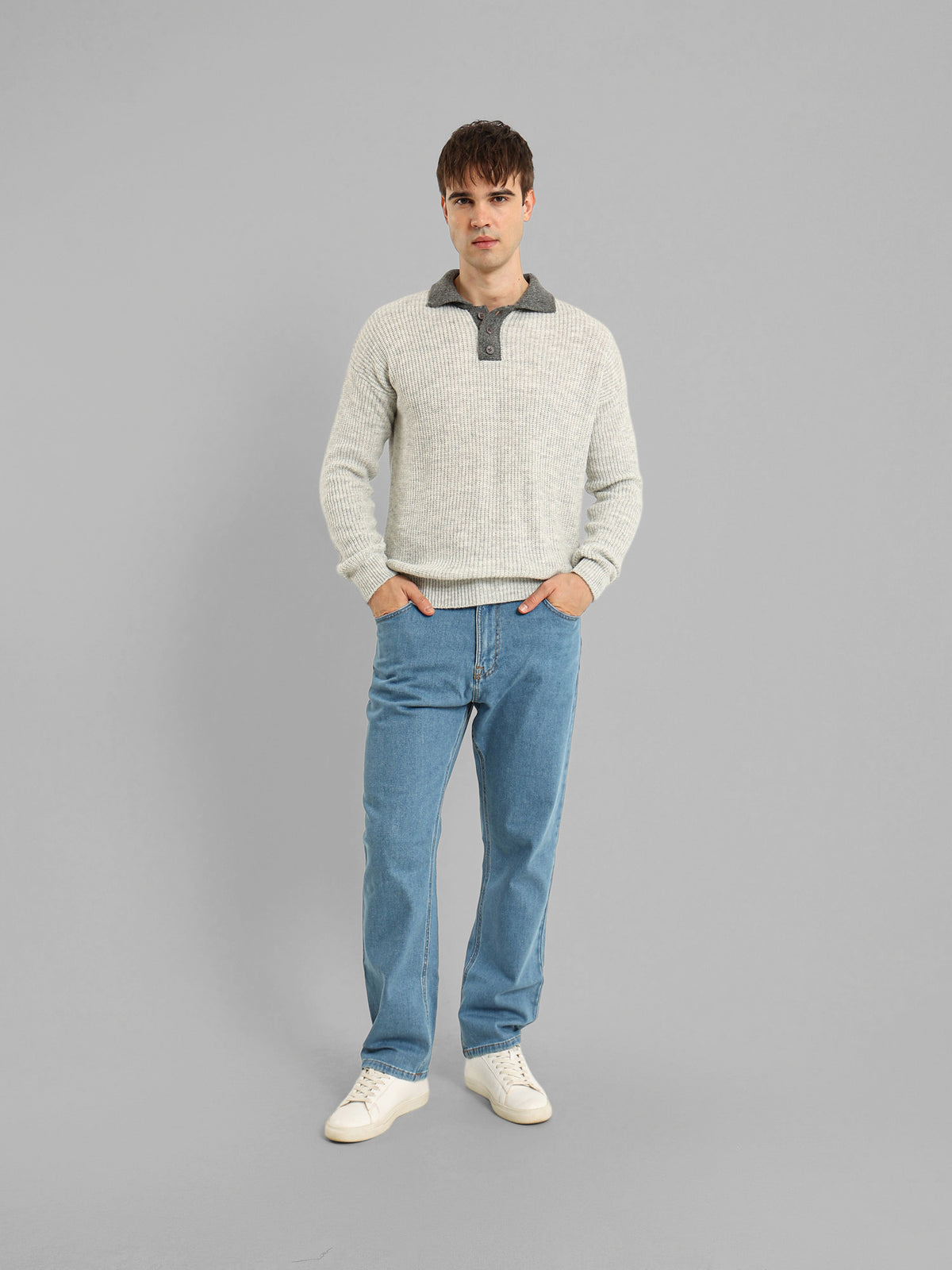 Long Sleeve Knit Polo with Contrast Placket