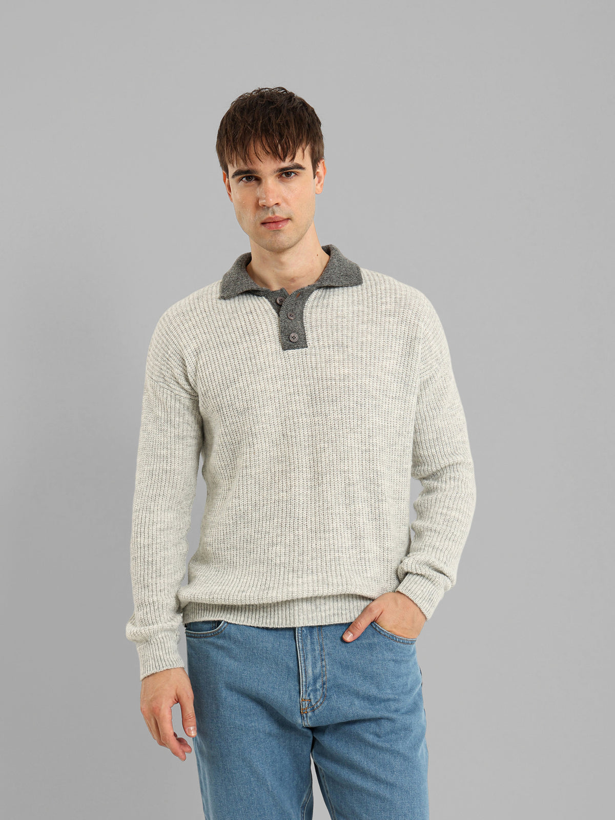 Long Sleeve Knit Polo with Contrast Placket