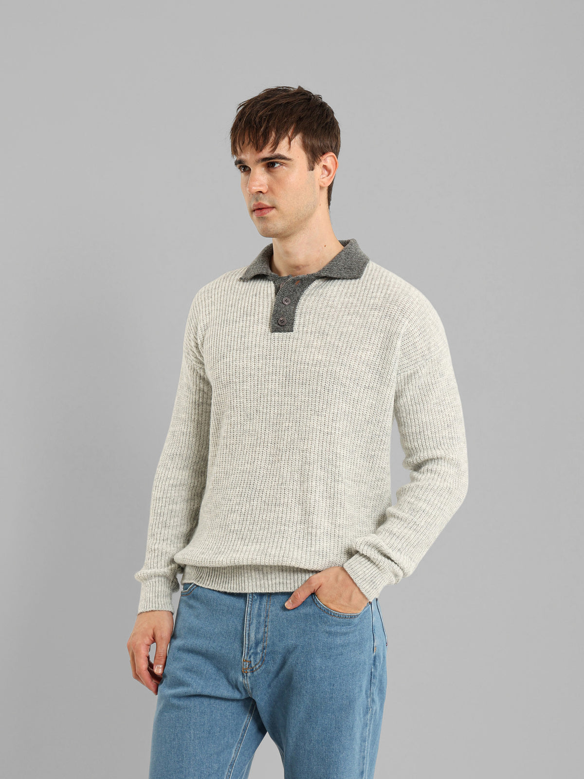 Long Sleeve Knit Polo with Contrast Placket