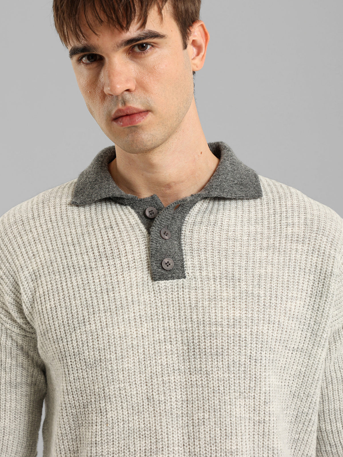 Long Sleeve Knit Polo with Contrast Placket
