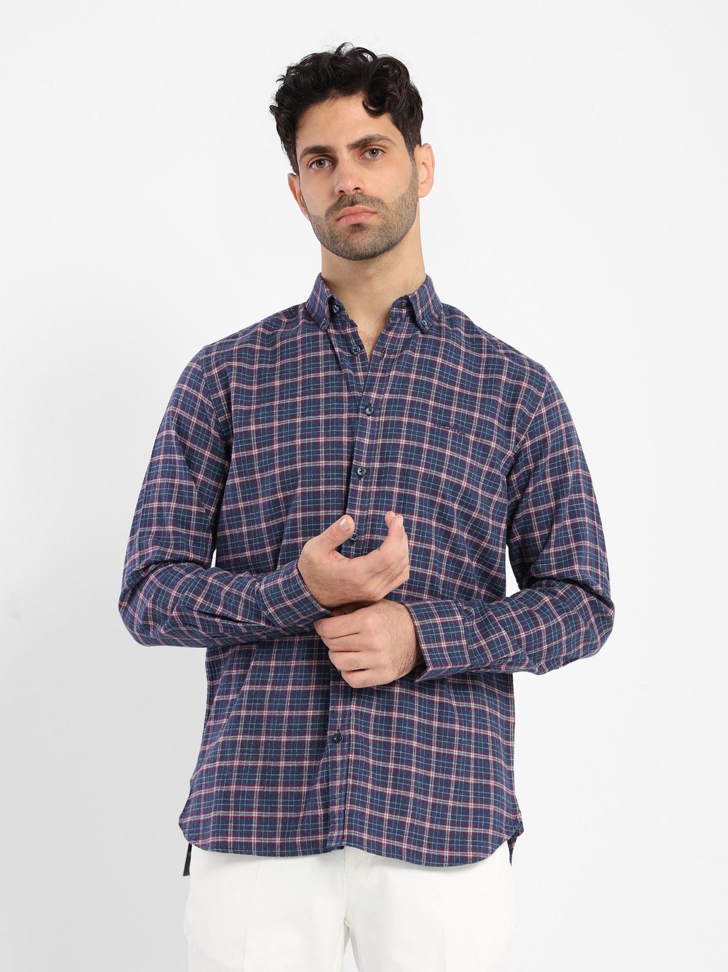 Kent Collar Checked Cotton Long-Sleeve Shirt